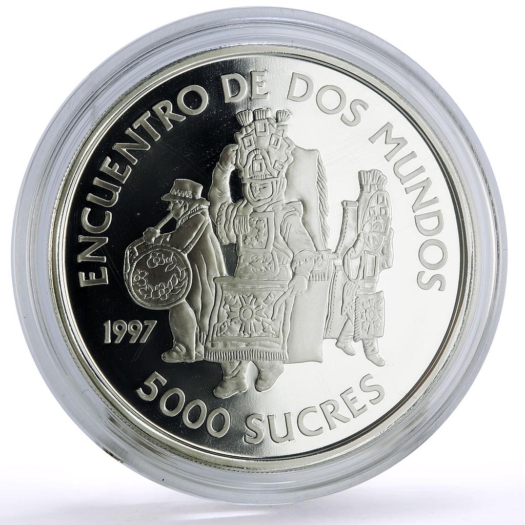 Ecuador 5000 sucres Ibero-American Dances Customs Native Costumes Ag coin 1997