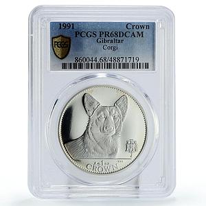 Gibraltar 1 crown Home Pets Corgi Dog Animals KM-95a PR68 PCGS silver coin 1991