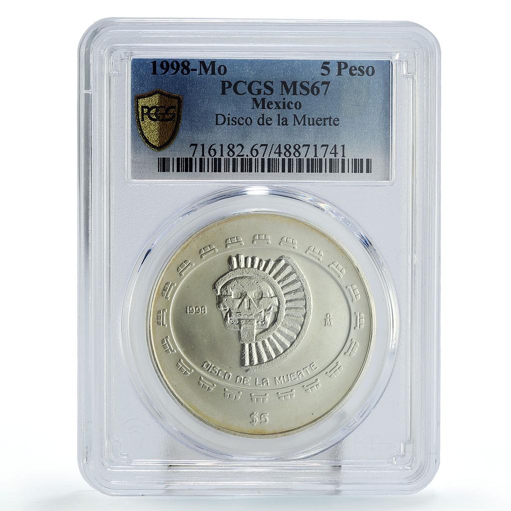 Mexico 5 pesos Precolombina Disco Muerte Death Disc MS67 PCGS silver coin 1998