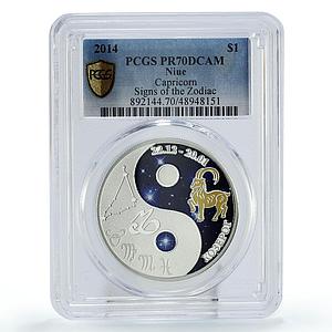 Niue 1 dollar Zodiac Signs Capricorn PR70 PCGS colored silver coin 2014