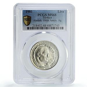 Turkey 1 lira Kemal Ataturk 100th Birth Politics MS68 PCGS silver coin 1981