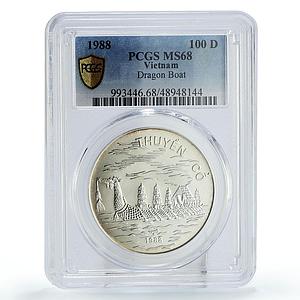 Vietnam 100 dong Seafaring Dragon Boat Ship Large MS68 PCGS silver coin 1988