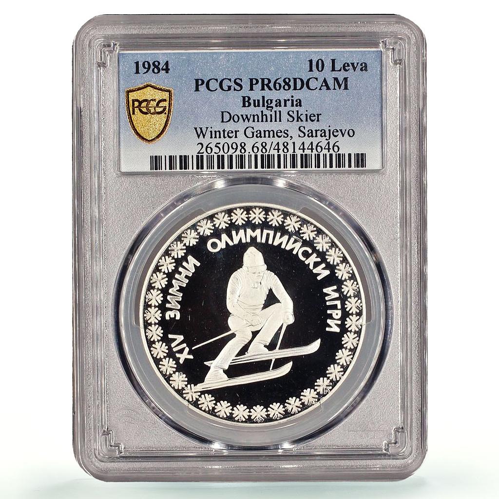 Bulgaria 10 leva Winter Olympic Games Downhill Skier PR68 PCGS silver coin 1984