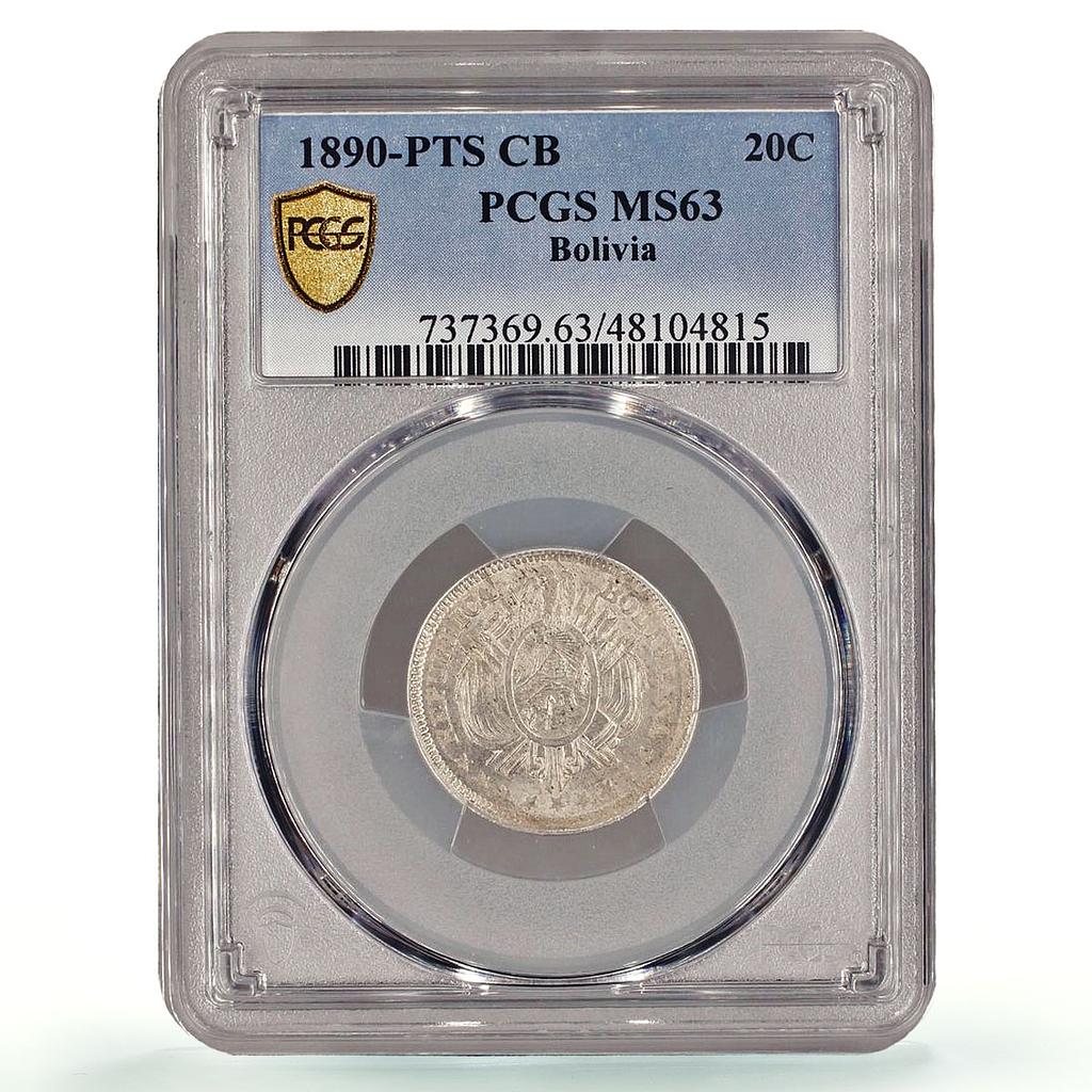 Bolivia 20 centavos Regular Coinage PTS CB KM-159.2 MS63 PCGS silver coin 1890