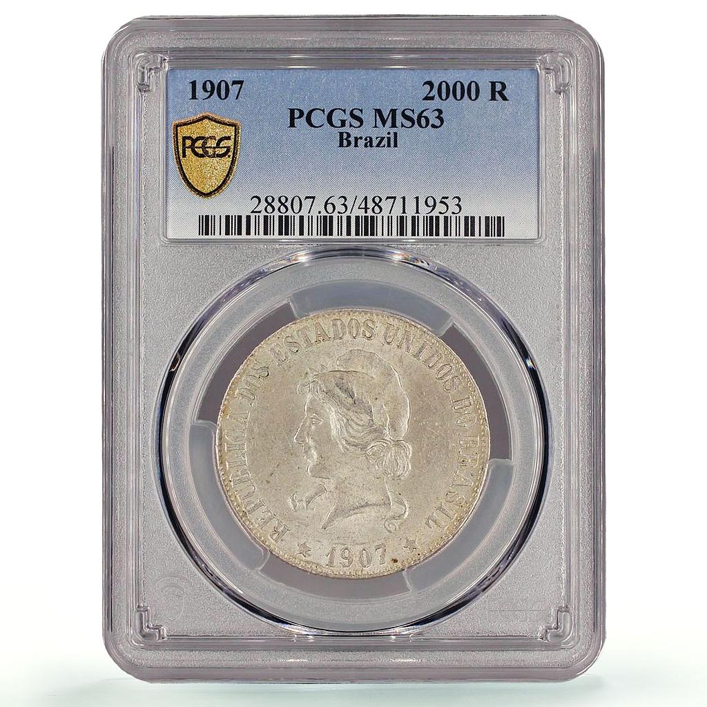 Brazil 2000 reis Regular Coinage Republic Effigy MS63 PCGS silver coin 1907