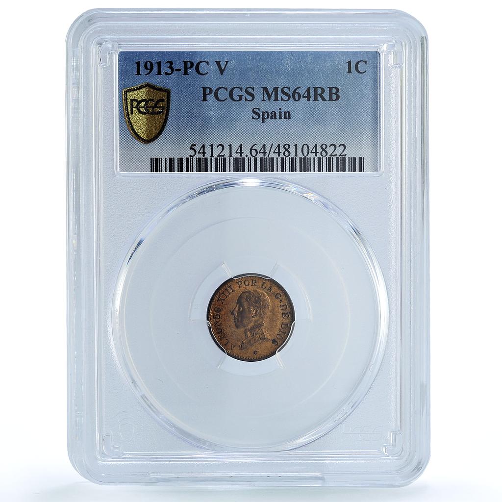 Spain 1 centimo Regular Coinage Alfonso XIII KM-731 MS64 PCGS bronze coin 1913 Spain 1 centimo Regular Coinage Alfonso XIII KM-731 MS64 PCGS bronze coin 1913