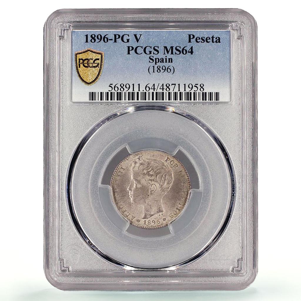 Spain 1 peseta Regular Coinage Child Alfonso KM-706 MS64 PCGS silver coin 1896