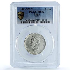 Spain 2 pesetas Regular Coinage Alfonso XIII KM-725 MS62 PCGS silver coin 1905