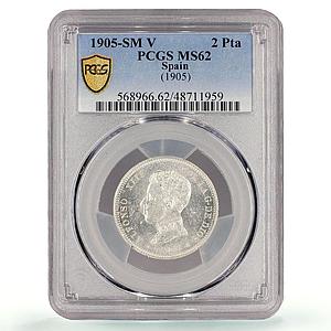 Spain 2 pesetas Regular Coinage Alfonso XIII KM-725 MS62 PCGS silver coin 1905