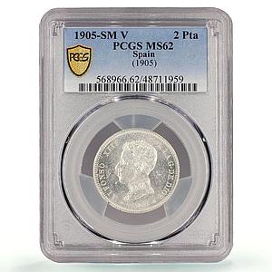 Spain 2 pesetas Regular Coinage Alfonso XIII KM-725 MS62 PCGS silver coin 1905