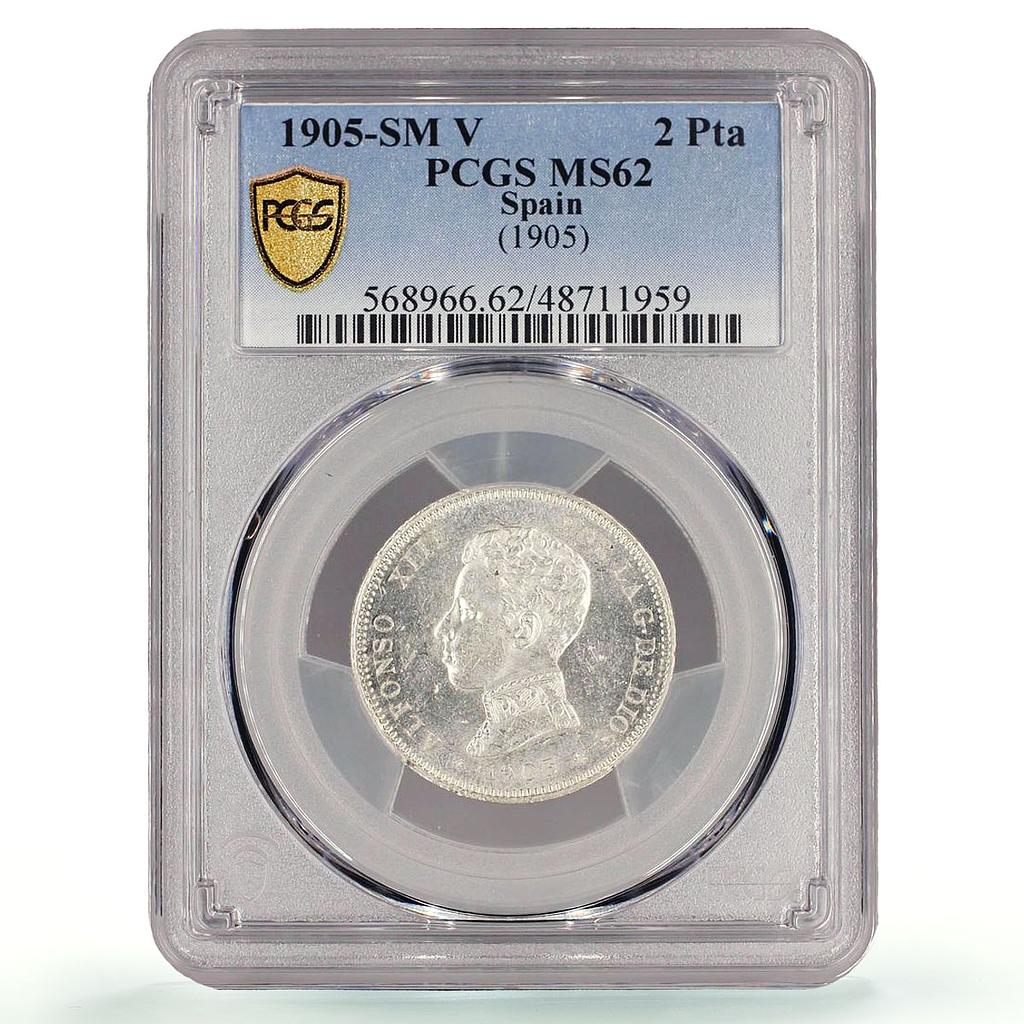 Spain 2 pesetas Regular Coinage Alfonso XIII KM-725 MS62 PCGS silver coin 1905