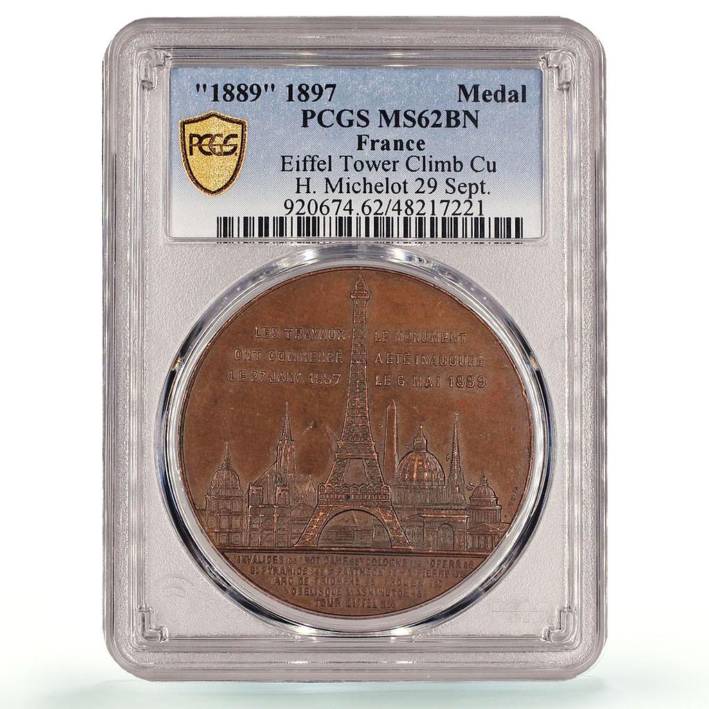 France Eiffel Tower Climb Charles Trotin MS62 PCGS copper token medal coin 1889