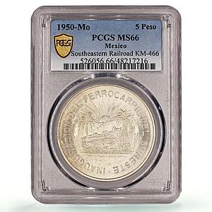 Mexico 5 pesos Southeastern Railroad Opening Train MS66 PCGS silver coin 1950