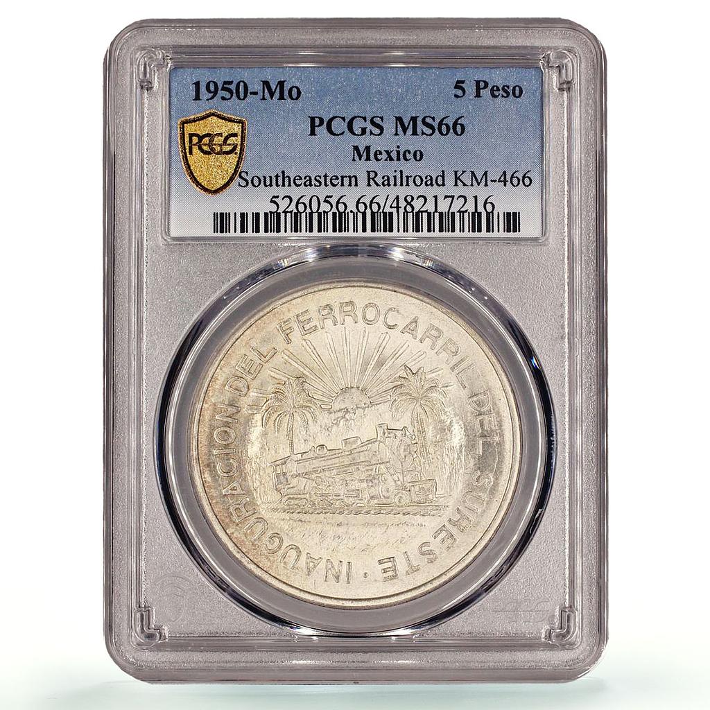 Mexico 5 pesos Southeastern Railroad Opening Train MS66 PCGS silver coin 1950