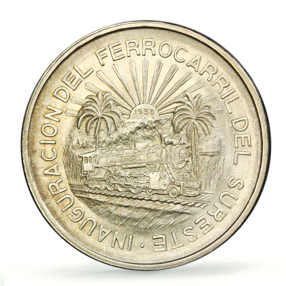 Mexico 5 pesos Southeastern Railroad Opening Train MS66 PCGS silver coin 1950