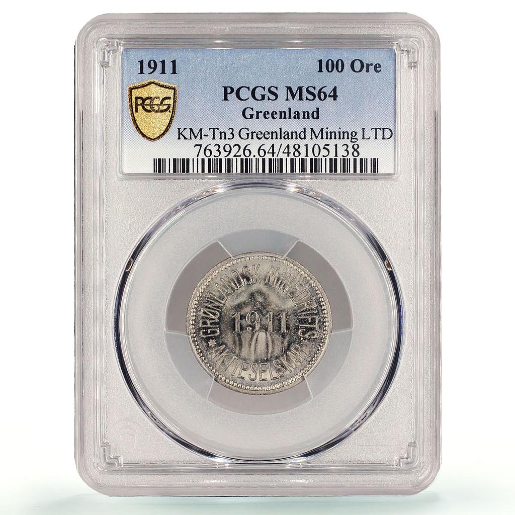 Denmark Greenland 100 ore Mining LTD Crossed Hammers MS64 PCGS nickel coin 1911
