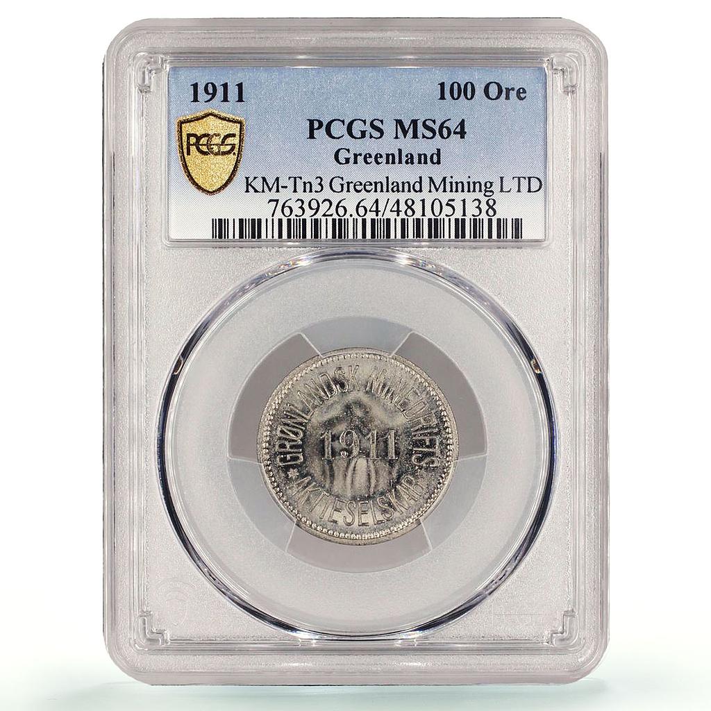 Denmark Greenland 100 ore Mining LTD Crossed Hammers MS64 PCGS nickel coin 1911