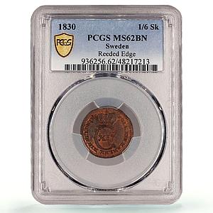 Sweden 1/6 skilling Regular Cuinage Carl XIV KM-625 MS62 PCGS copper coin 1830