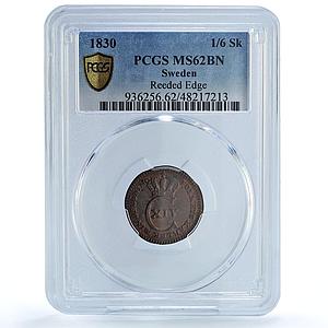 Sweden 1/6 skilling Regular Cuinage Carl XIV KM-625 MS62 PCGS copper coin 1830