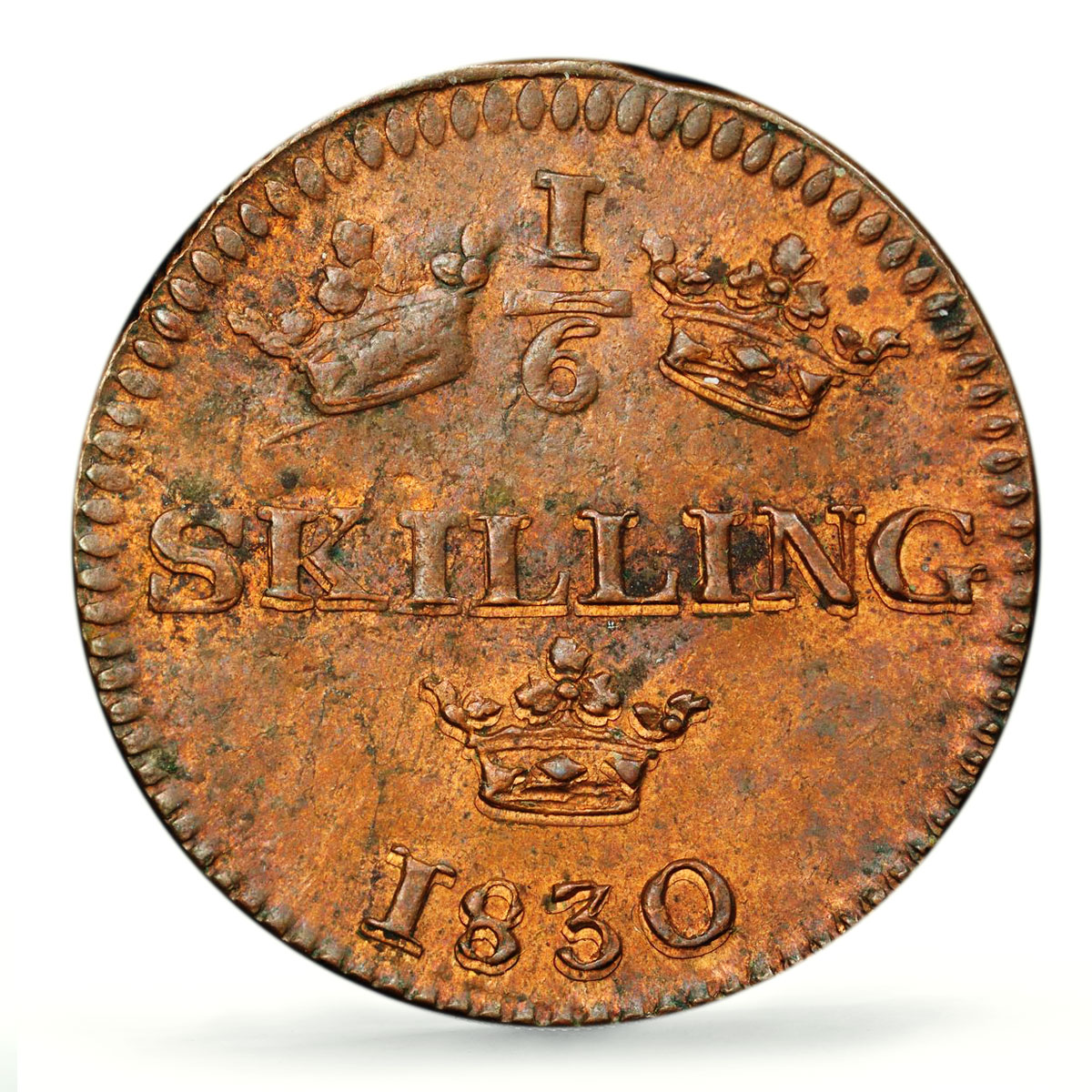 Sweden 1/6 skilling Regular Cuinage Carl XIV KM-625 MS62 PCGS copper coin 1830