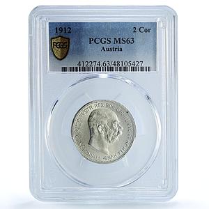 Austria 2 corona Regular Coinage King Franz Joseph II MS63 PCGS silver coin 1912