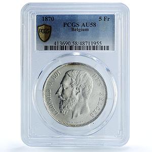 Belgium 5 francs Republic Coinage King Leopold II AU58 PCGS silver coin 1870
