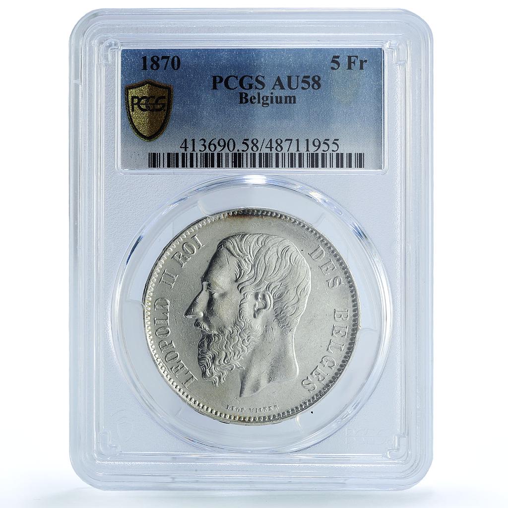 Belgium 5 francs Republic Coinage King Leopold II AU58 PCGS silver coin 1870 Belgium 5 francs Republic Coinage King Leopold II AU58 PCGS silver coin 1870