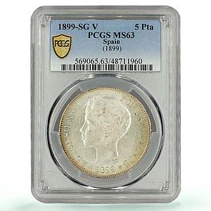 Spain 5 pesetas Regular Coinage Child Alfonso KM-707 MS63 PCGS silver coin 1899