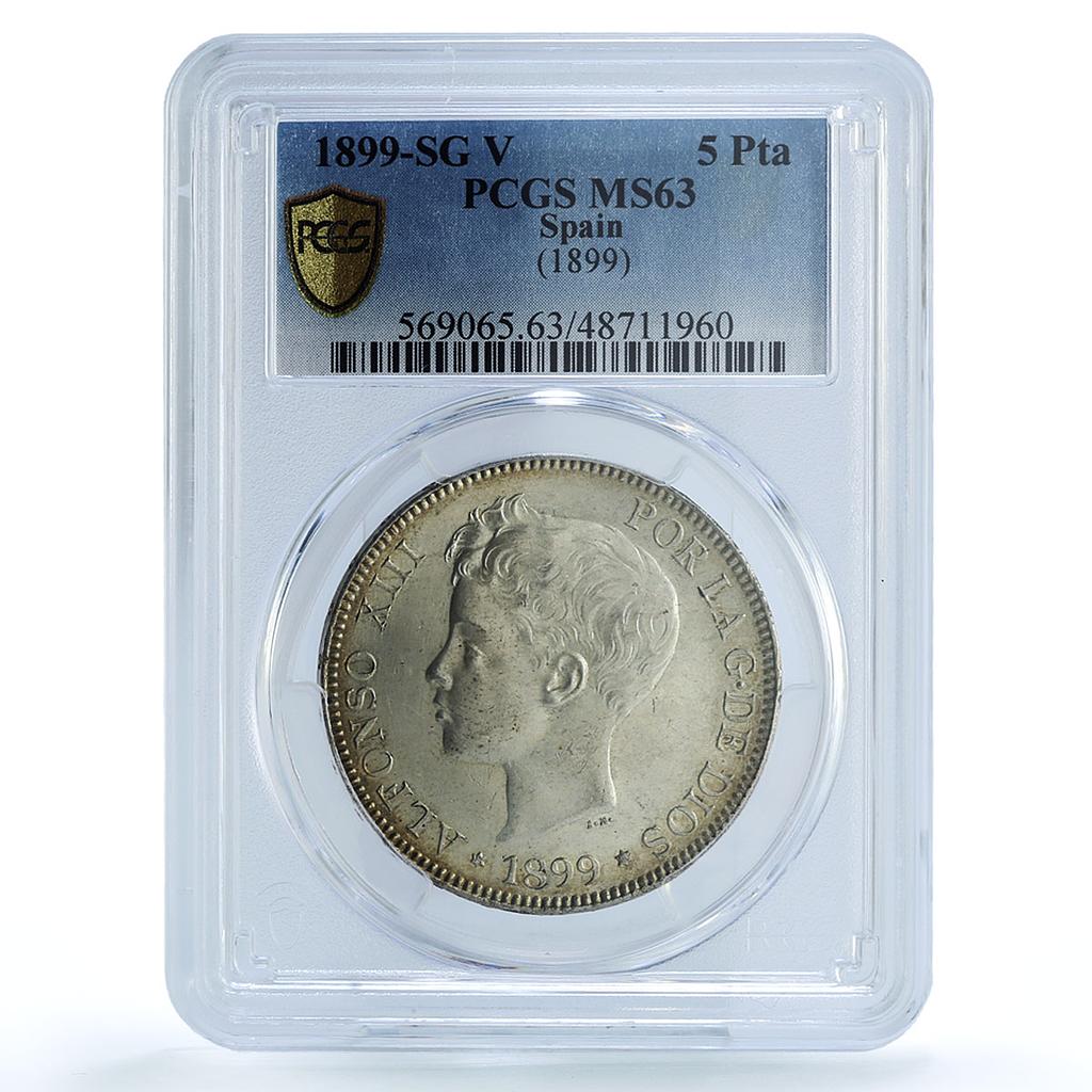 Spain 5 pesetas Regular Coinage Child Alfonso KM-707 MS63 PCGS silver coin 1899 Spain 5 pesetas Regular Coinage Child Alfonso KM-707 MS63 PCGS silver coin 1899