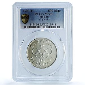 Finland 500 markaa Helsinki Summer Olympic Games KM-35 MS65 PCGS Ag coin 1951