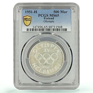 Finland 500 markaa Helsinki Winter Olympic Games KM-35 MS65 PCGS Ag coin 1951