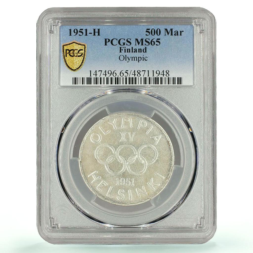 Finland 500 markaa Helsinki Winter Olympic Games KM-35 MS65 PCGS Ag coin 1951