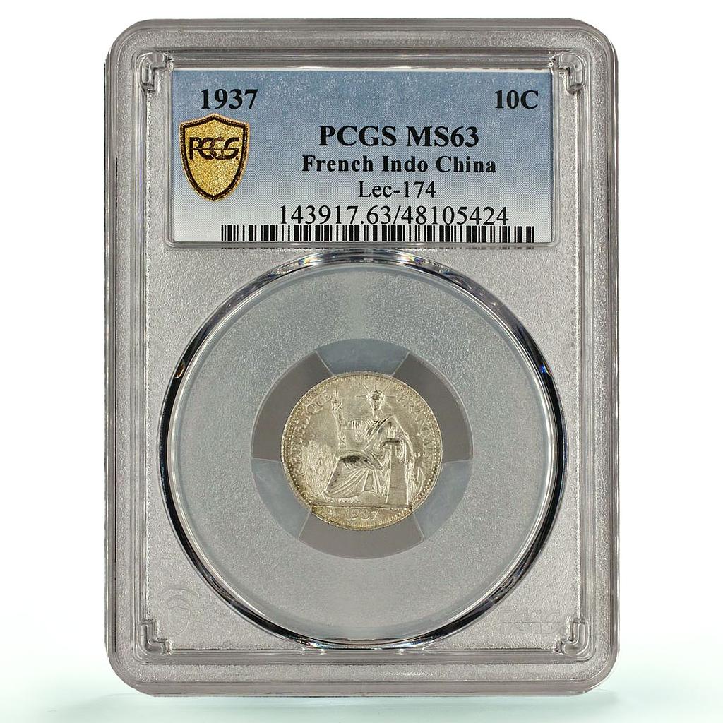 France French Indochina 10 cents Seated Liberty KM-16.2 MS63 PCGS Ag coin 1937