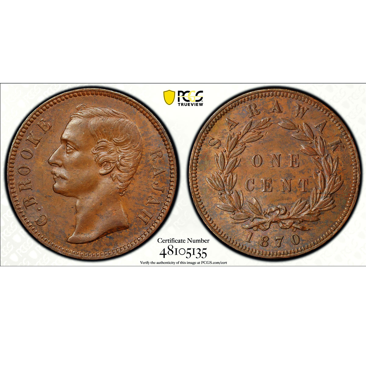 Malaysia Sarawak 1 cent Regular Coinage Rajah Brooke MS63 PCGS copper coin 1870