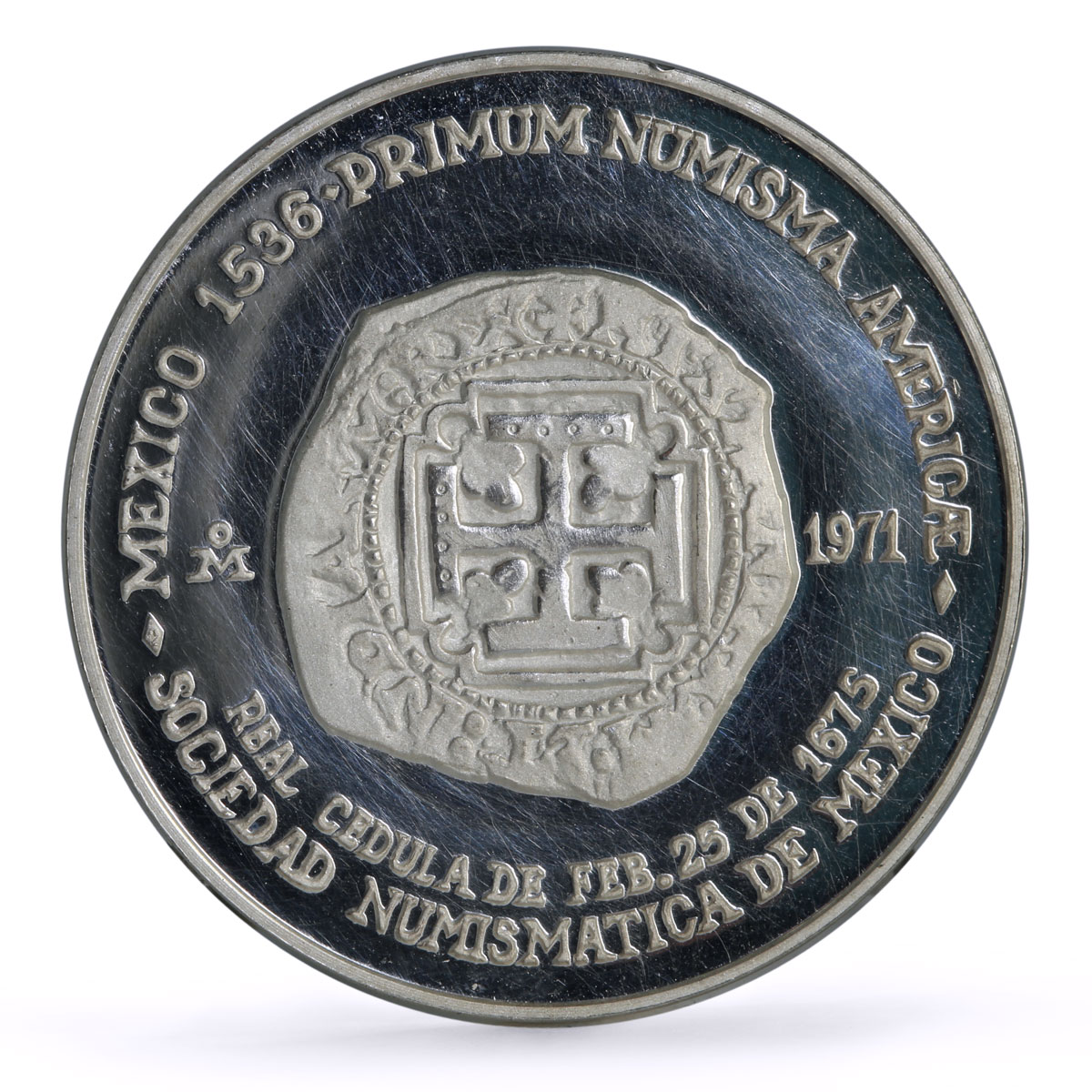 Mexico Numismatic Society Carlos II 8 Escudos silver token medal coin 1971
