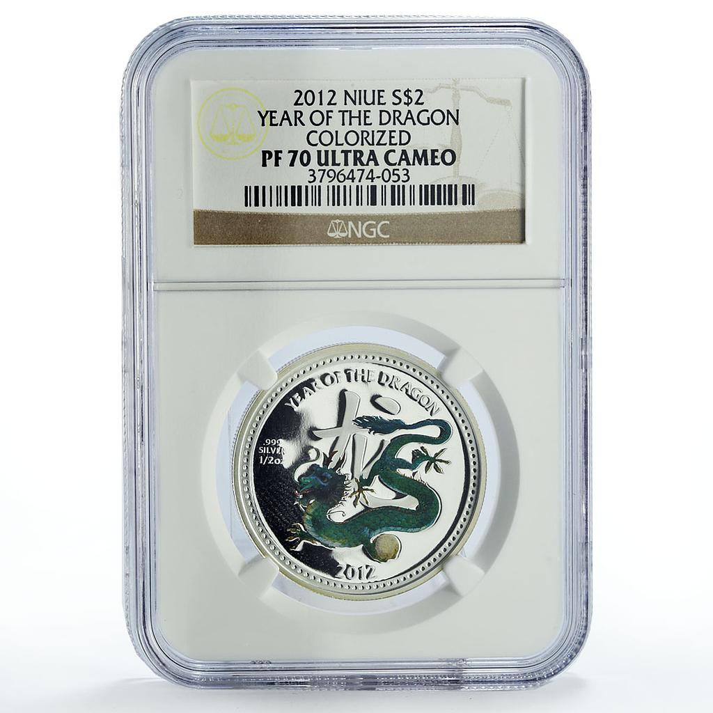 Niue 2 dollars Lunar Calendar Year of the Dragon Green PF70 NGC silver coin 2012
