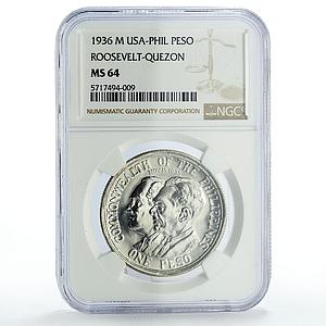 Philippines 1 peso Roosevelt Quezon Meeting Politics MS64 NGC silver coin 1936