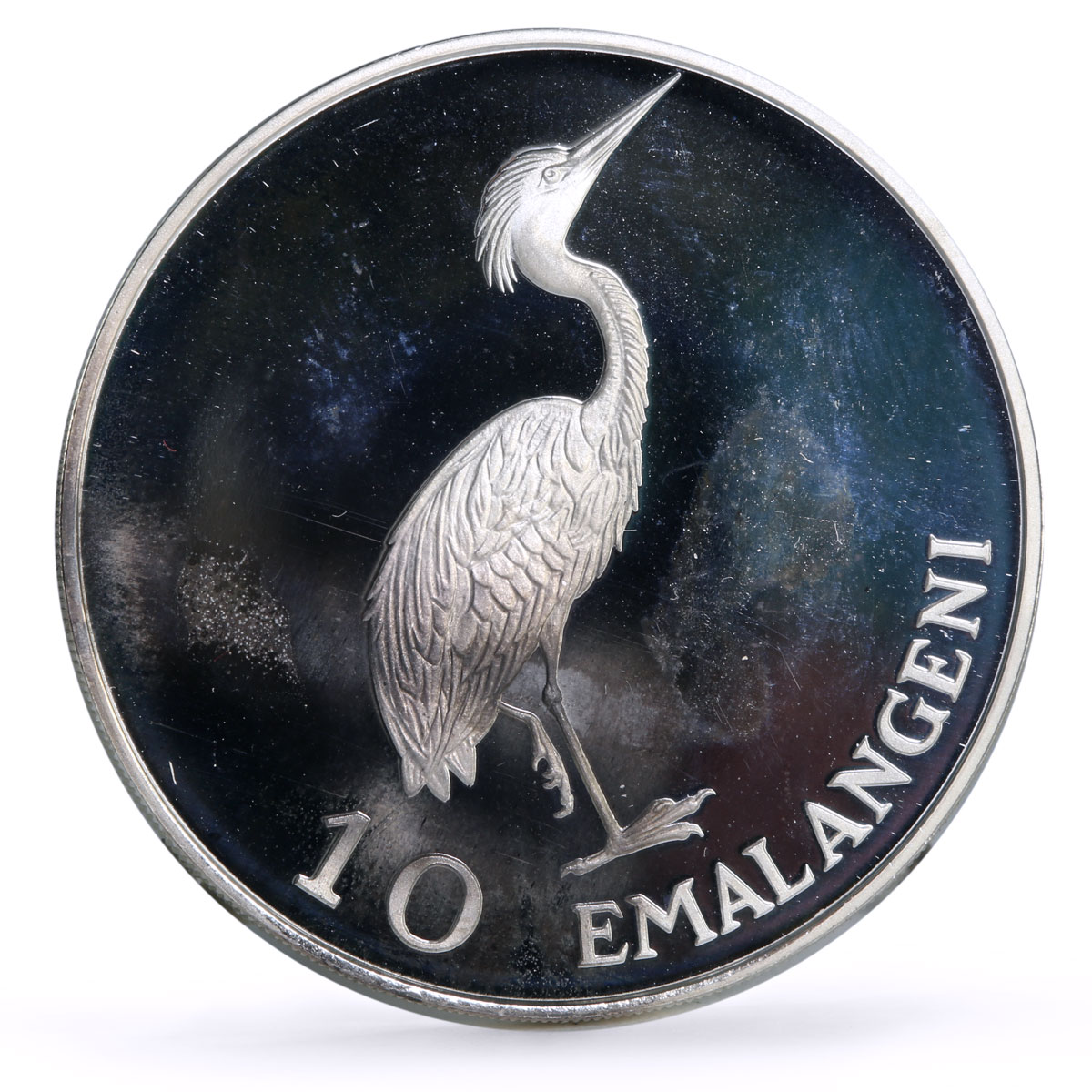 Swaziland 10 emalangeni Sobhuza II 75th Birth Heron Bird Fauna silver coin 1975