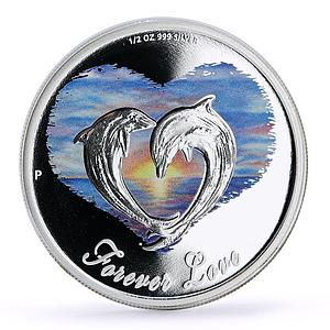 Tuvalu 50 cents Forever Love Clouds Heart Two Dolphins colored silver coin 2013