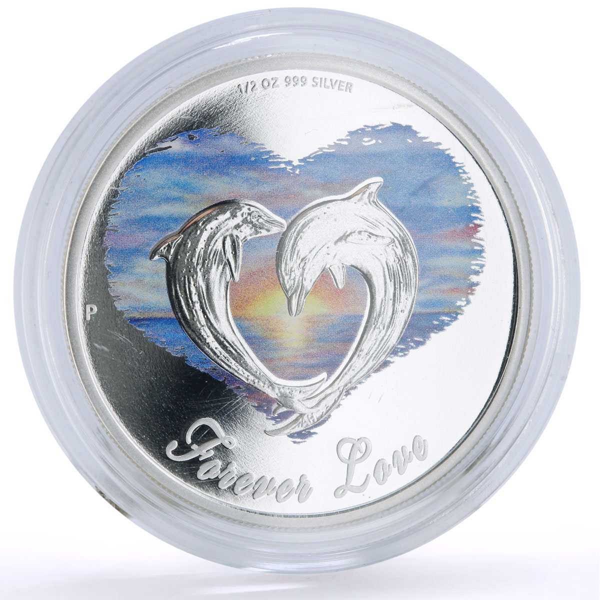 Tuvalu 50 cents Forever Love Clouds Heart Two Dolphins colored silver coin 2013