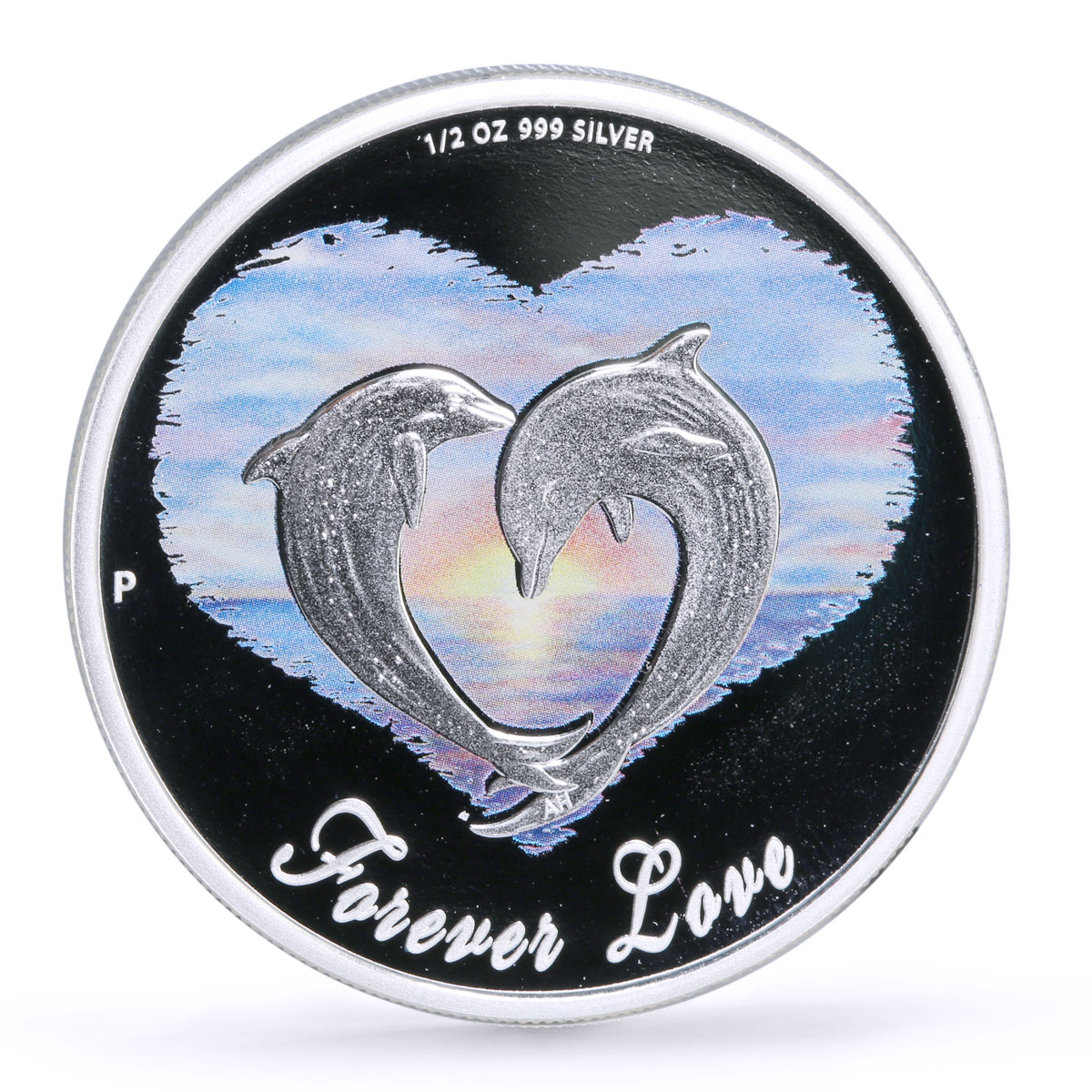 Tuvalu 50 cents Forever Love Clouds Heart Two Dolphins colored silver coin 2013