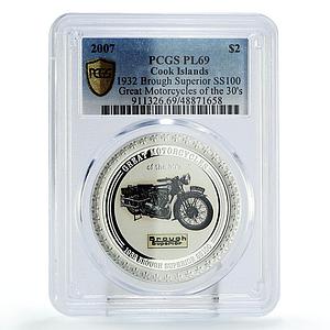 Cook Islands 2 dollars Motorcycles Motorbikes Brough PL69 PCGS silver coin 2007