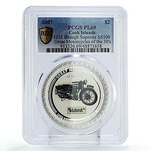 Cook Islands 2 dollars Motorcycles Motorbikes Brough PL69 PCGS silver coin 2007
