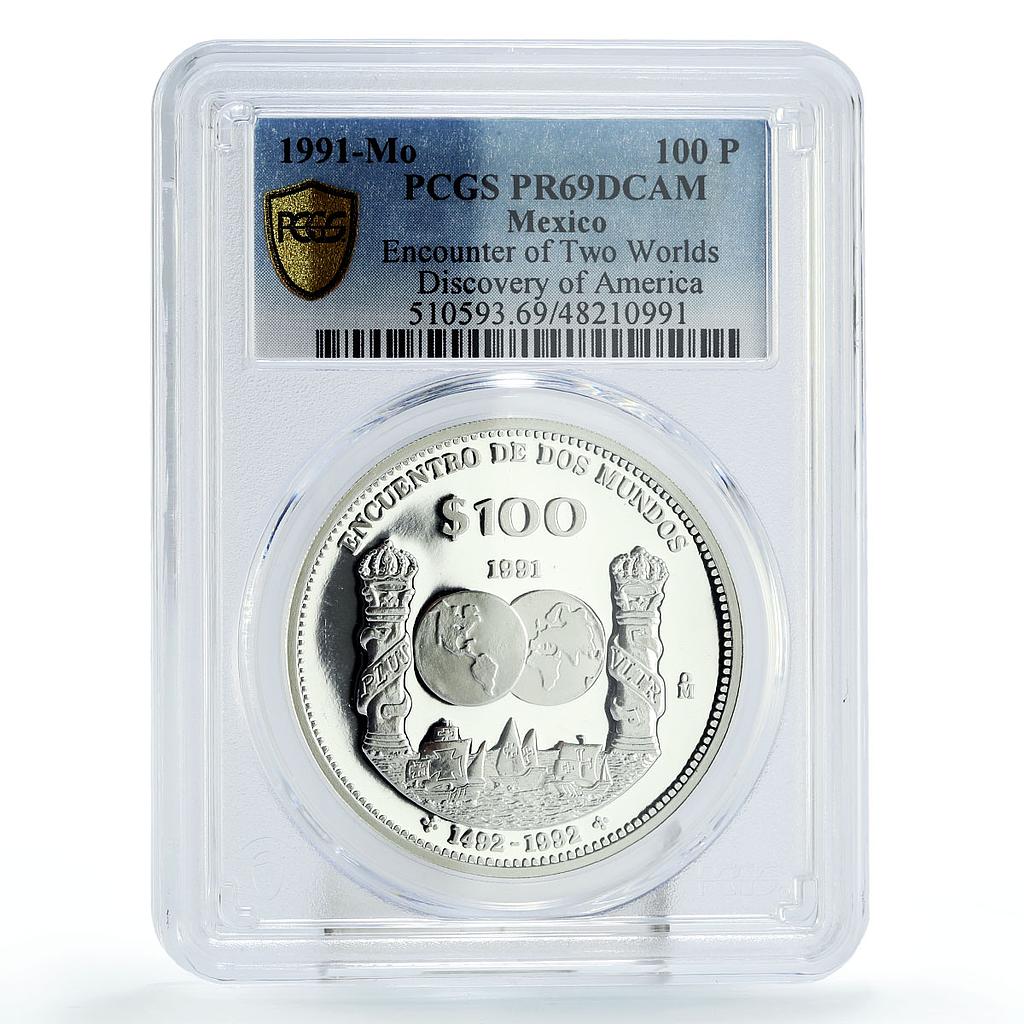 Mexico 100 pesos Two Worlds Encounter Ships Pillars PR69 PCGS silver coin 1991