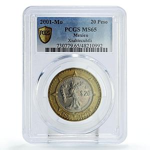 Mexico 20 pesos Precolombina Aztec Xiuhtecuhtli MS65 PCGS bimetal coin 2001