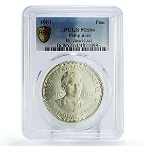 Philippines 1 peso Jose Rizal Centennial Politics MS64 PCGS silver coin 1961