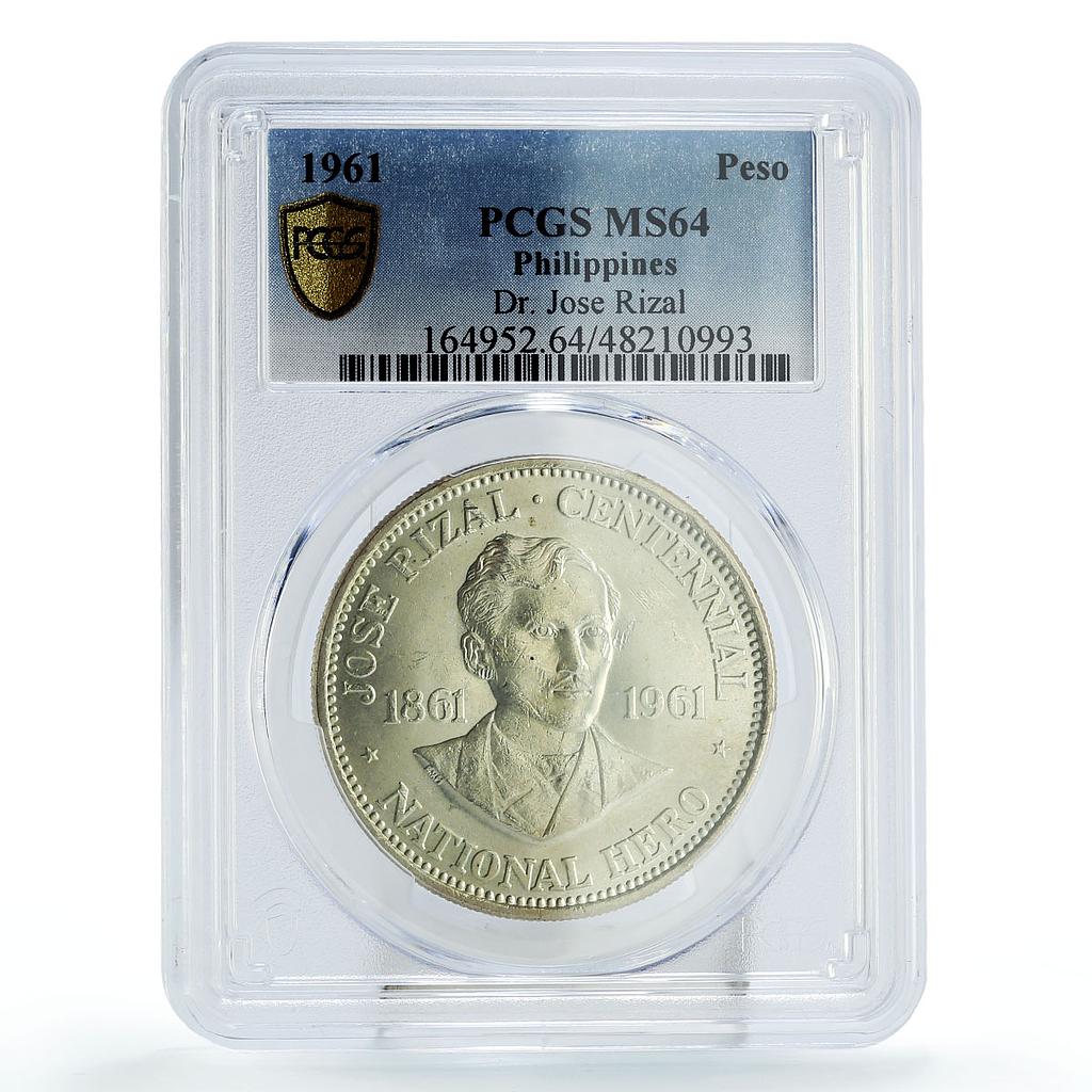 Philippines 1 peso Jose Rizal Centennial Politics MS64 PCGS silver coin 1961