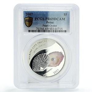 Palau 5 dollars Marine Life Pearl Oyster Pink Shell PR69 PCGS silver coin 2007