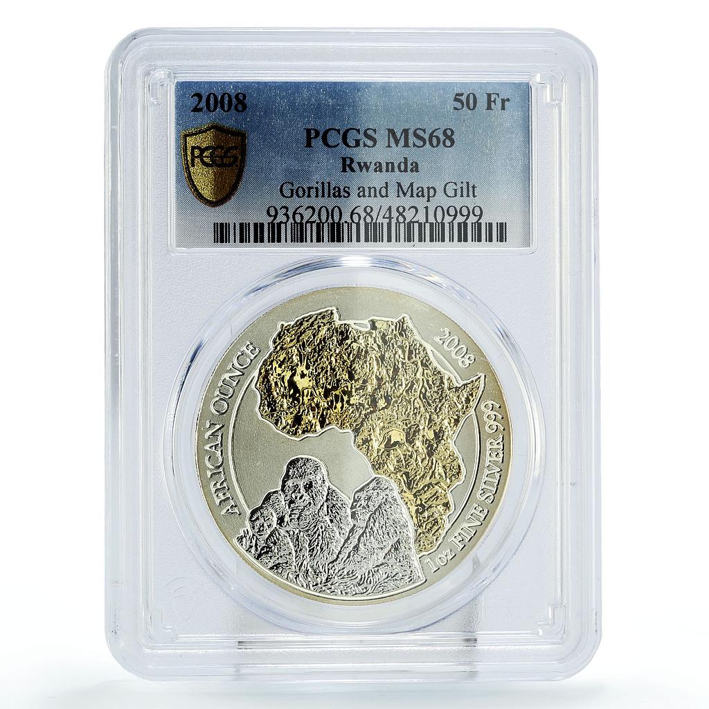 Rwanda 50 francs African Ounce Wildlife Gorillas Fauna MS68 PCGS Ag coin 2008