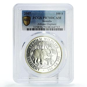 Somalia 100 shillings African Wildlife Elephant Fauna PR70 PCGS silver coin 2007